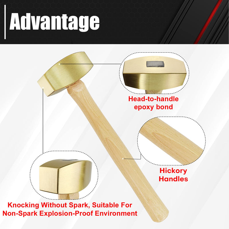 C&T 2 Pound Solid Brass Non-Sparking Hammer with Hickory Wood Handle, Non Marring, 2lb