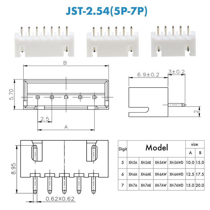 CQRobot JST XH 2.54mm Pitch 5 Pin / 6 Pin / 7 Pin JST Male Plug, Female Socket Housing and T-Crimp Terminal Kit 60 sets/480 pieces JST connector adapter cable assembly. JST-XH2.54 XH 5P/6P/7P