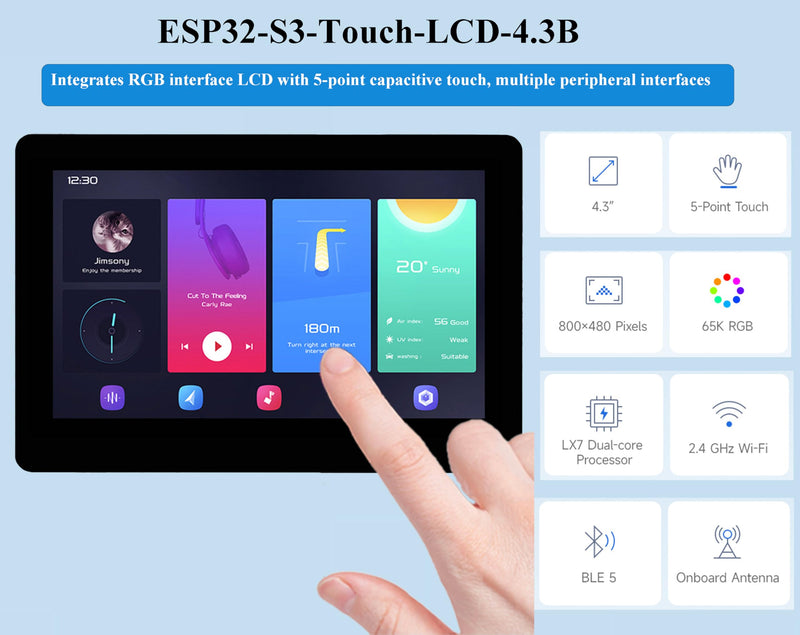ESP32-S3 4.3inch Touch Screen Development Board Capacitive IPS Display 800x480, 32-Bit LX7 Dual-Core Processor Support 2.4GHz W-i-F-i and Blue-Tooth 5 (LE), Onboard CAN, RS485, I2C Interface,etc.