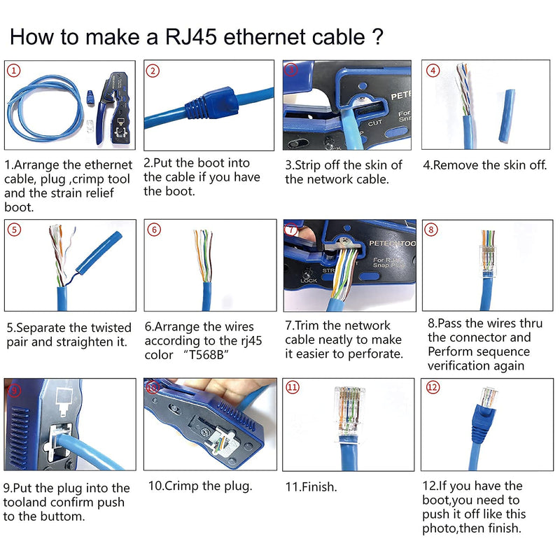 PETECHTOOL RJ45 Crimp Tool All-in-one Crimping tool Ethernet Wire Crimper Stripper Cutter for Cat5e Cat6 Cat6a Pass Through Connectors with 50pcs Cat6 Connectors and 1Pc cable tester and stripper