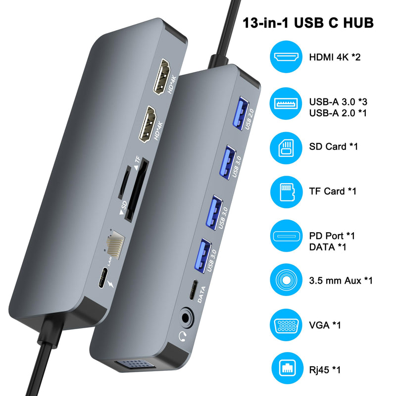 Docking Station Dual Monitor for Dell/HP/Lenovo/Surface Laptop, Dual HDMI Adapter for 2 Monitors, Laptop Docking Station Dual Monitor, 13 in 1 USB C Hub with HDMI/VGA/USB/PD/Ethernet/SD/TF/Audio