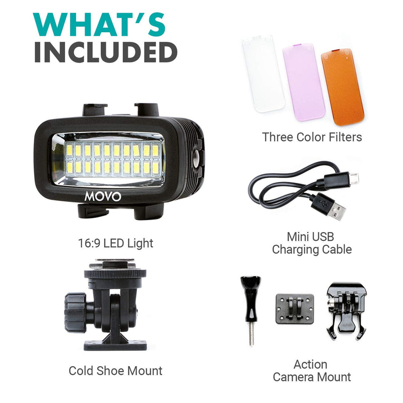 Movo LED-WP Underwater High-Power Rechargeable LED Video Light with Action Camera and Shoe Mounts, Compatible with GoPro, DSLR - Perfect for Vlogging, Traveling, Scuba Diving, Snorkel, Surfing, Sport
