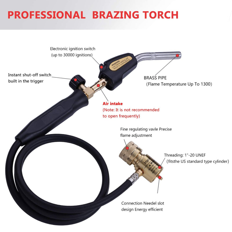 Propane Torch Hand Hose, Mapp Gas Torch,Welding Torch,Hose Length 1.5M/60"-with Hook Quick ignition with valve Style