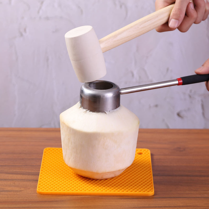 Coconut Opener Tool Set, Stainless Steel Coco Opener Kit for Coconut Young & Mature, Coconut Shell Puncher Knife, White Rubber Hammer with Wood Handle, Silicone Mat Shockproof 3 In 1 White Hammer Kit