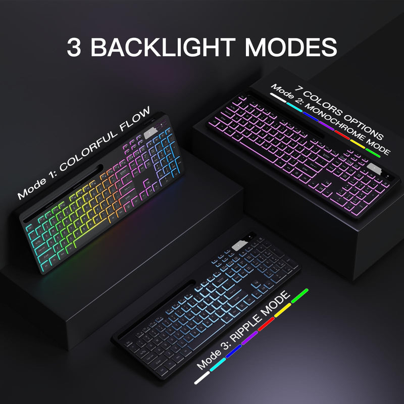 Wireless Keyboard with 7-Color RGB Backlit, Full-Size Computer Keyboard with Phone Tablet Holder, Rechargeable 2.4G Wireless Gaming Keyboard with Light Up Key, Compatible with Mac, Windows