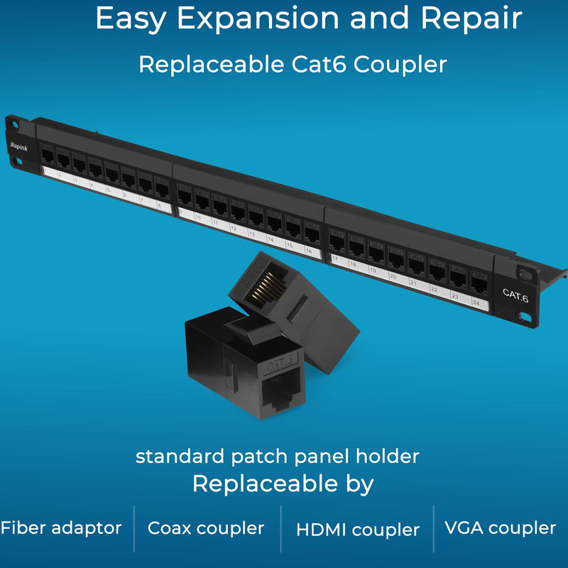 Rapink Patch Panel 24 Port Cat6 with Inline Keystone 10G Support, Pass-Thru Coupler Patch Panel UTP 19-Inch with Removable Back Bar, 1U Network Panel for Cat6, Cat5e, Cat5 Cabling Black