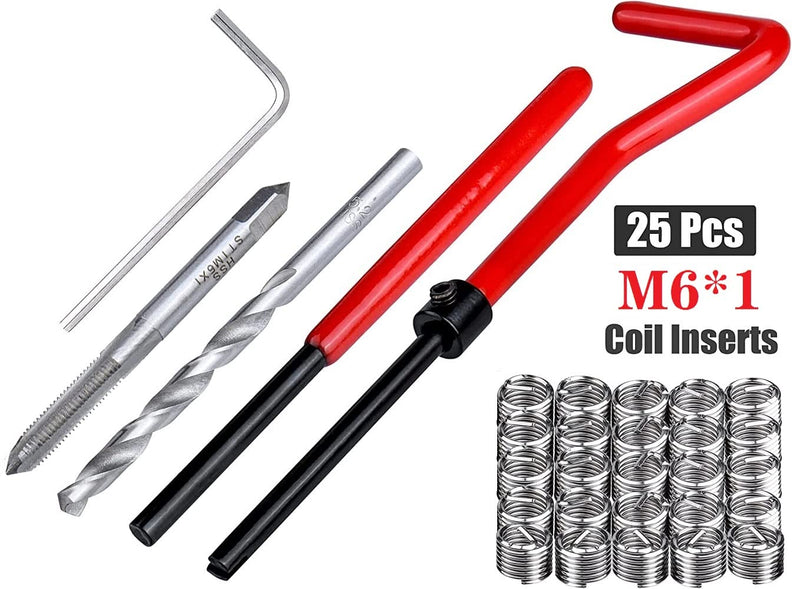 fixinus 30 Piece M6 x 1.0mm Thread Repair Insert Kit, Stainless Steel Thread Repair Kit Helicoil Coil Compatible Hand Tool Set for Auto Repair