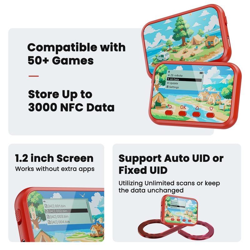 Joysfusion NFC Emulator, Store 3000 NFC Data, Support Ulimited Scan, 1.2" Screen, Easy Button Controls, Rechargeable for Endless Play, Compatible with 50+ Games (Red) Red