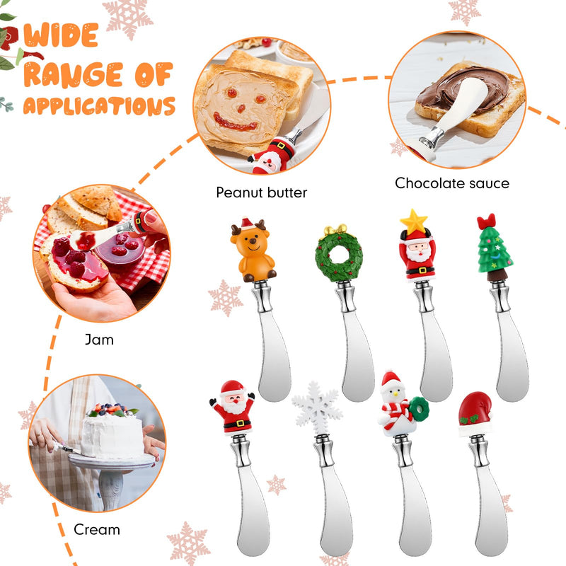 Lasnten 8 Pcs Christmas Cheese Spreaders, Hand-painted Resin Handles with Stainless Steel Blades Santa Claus, Snowman Cheese Knives for Spreading Cream Butter Jam