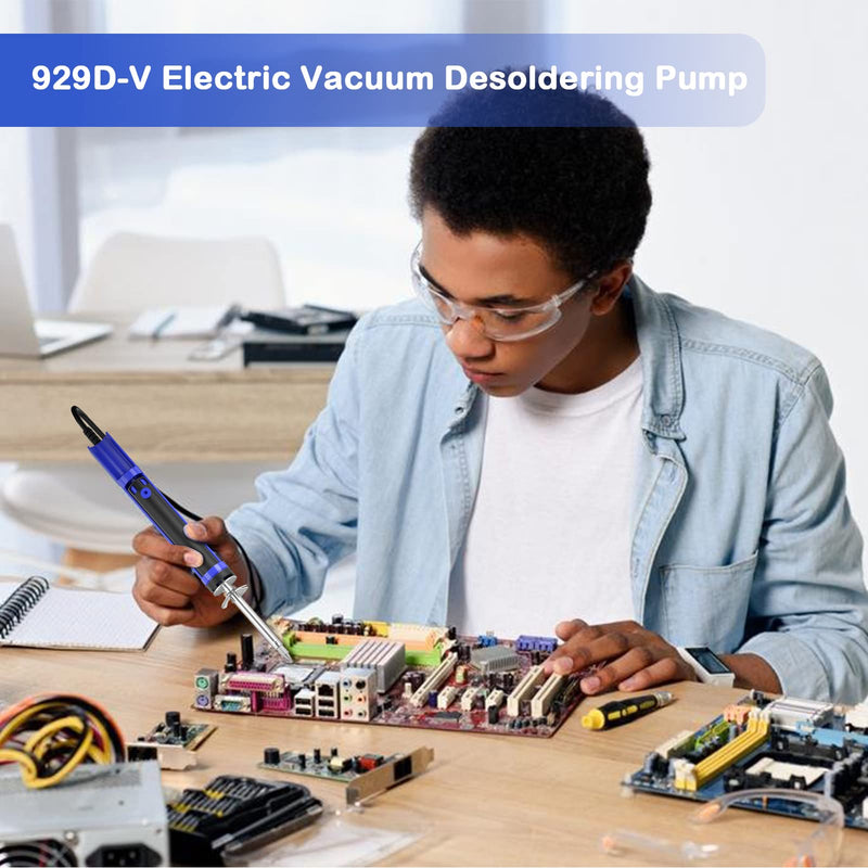 K KERNOWO 929D-V Electric Desoldering Soldering Iron Sucker – Desoldering Pump Tool with 1.0mm & 1.2mm Nozzles, Desoldering Gun with Wick & Cleaning Pin for Through-Hole Solder Removal Blue