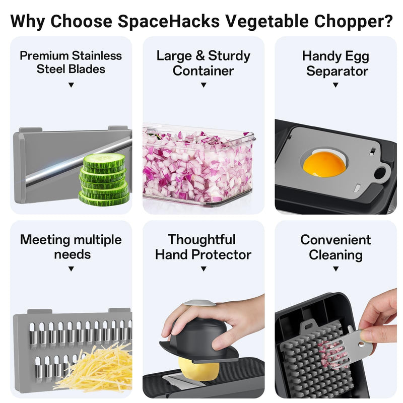 12-in-1 Vegetable Chopper, Kitchen Gadgets with 7 Blades, Veggie, Food, Onion Chopper, Cucumber Slicer, Versatile Mandoline, Includes Egg Separator & Finger Guard, Gray