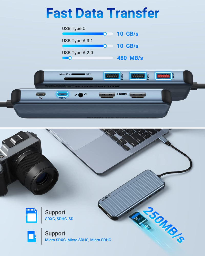 USB C Docking Station for 8K Single Monitor Display, 4K Triple Monitors Display with Dual HDMI, DisplayPort, USB 3.1, USB C 3.1, 2*USB 2.0, SD & MicroSD Slot, Audio & Mic Jack, Ethernet, PD Charging