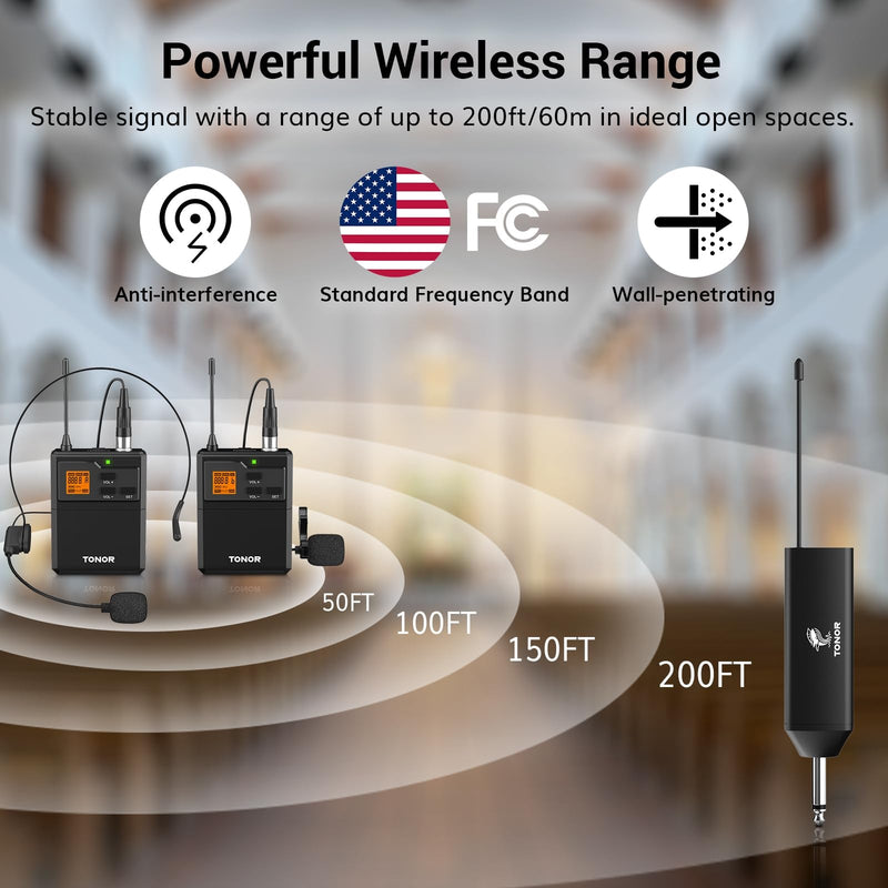 TONOR UHF Wireless Microphone System with Dual Headset Microphones/Lavalier Lapel Mics, Bodypack Transmitters, Mini Rechargeable Receiver, 2x15 Channels 200ft Range, for Recording Speech PA Speaker 2 Bodypack Mics