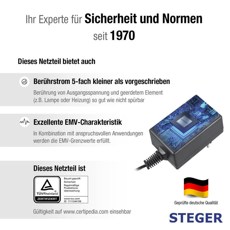STEGER 12 V Power Supply 1 A 12 W, Certified Power Supply for Toys, LED, Model Making and IT Devices, 12 Volt Power Supply with Plug 5.5 mm x 2.1 mm, Universal Power Supply 100-240 V AC/DC Adapter 50-60 Hz 12 watts