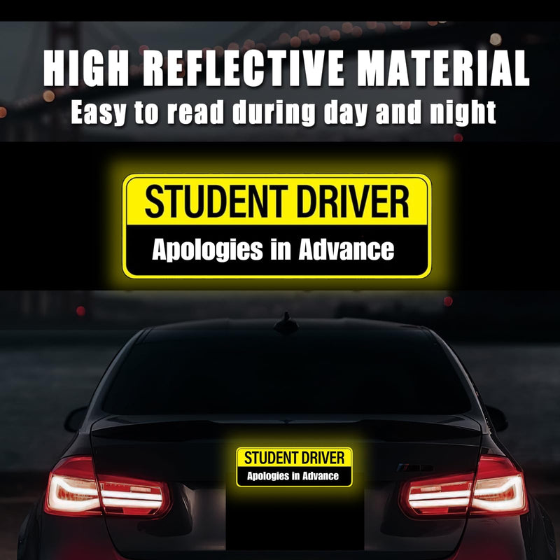 Student Driver Magnet for Car - 2-Pack Reflective Funny Magnetic Bumper Sticker Set - Removable Novice Driver Safety Attention Sign - Weather-Resistant 10 x 3.5 Yellow-black