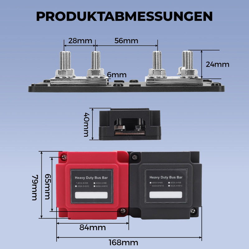 8 x M8 Busbar Power Distribution 12 V 24 V 48 V DC 400 A Battery Connection Block High Current Distribution Strip for Car Caravan Boat Truck Solar System Power Supply with Red and Black Lid
