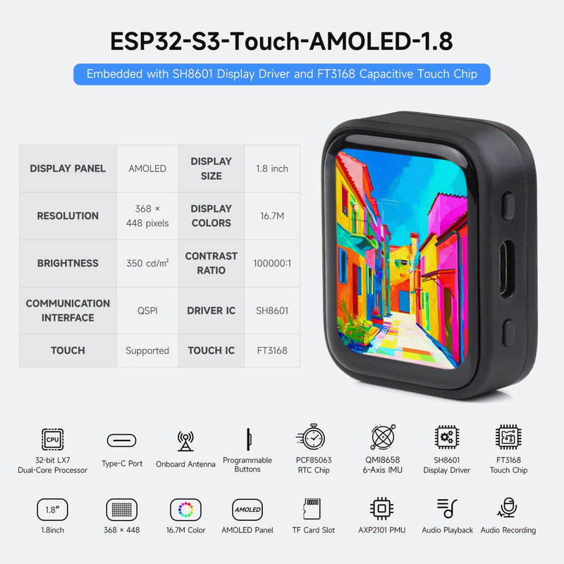 Waveshare ESP32-S3 1.8inch AMOLED Touch Display, Embedded with SH8601 Display Driver and FT3168 Capacitive Touch Chip, ESP32 with Display,32-bit LX7 Dual-core, 368×448 Pixels, Without Lithium Battery