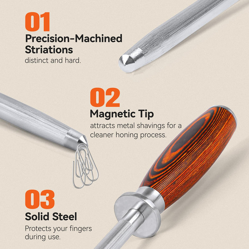 TUO Honing Steel, Sharpener Rod with Thicker Steel Core for Kitchen Knives Daily Sharpening Maintenance, High Carbon Steel, Ergonomic Handle, 8 inch 8"