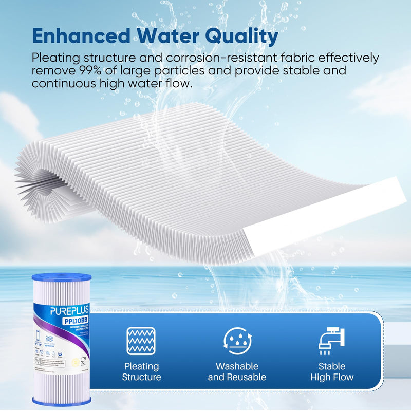 PUREPLUS 20 Micron 10" x 4.5" Whole House Pleated Sediment Filter for Well Water, Replacement Cartridge for GE FXHSC, Culligan R50-BBSA, Pentek R50-BB, DuPont WFHDC3001, W50PEHD, GXWH40L, 2Pack 2 Count (Pack of 1)