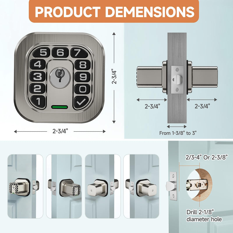 Richelock Square Door Knob with Keypad, Keylees Entry Door Lock with Cylinder, Auto Lock, Waterproof & Weatherproof Code Doorknob for Outdoor & Indoor, Bedroom, Entry Door,Office -Satin Nickel Satin Nickel