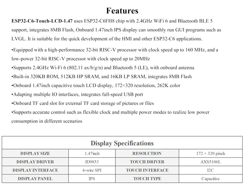 ESP32-C6 1.47inch IPS Touch Display Development Board, 172x320 Resolution, 262K Display Color, Supports W-i-F-i 6/BLE 5, 160MHz RISC-V Processor,Smoothly Run GUI Programs, with Pre-soldered Header