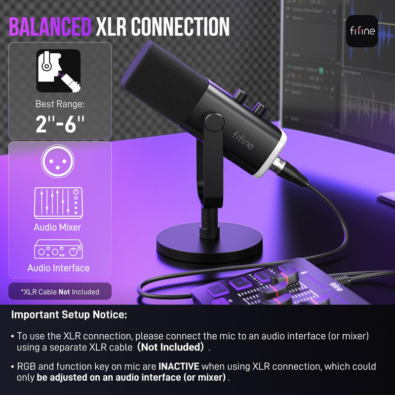 FIFINE USB/XLR Dynamic Microphone for Podcast Recording, PC Computer Gaming Streaming Mic with RGB Light, Mute Button, Headphones Jack, Desktop Stand, Vocal Mic for Singing YouTube-AmpliGame AM8 Black