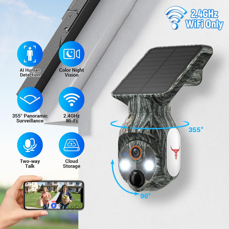 Solar-Powered 1080p WiFi Battery Camera, Security Cameras Wireless Outdoor for Home Surveillance, AI Human Detection, Color Night Vision, Cloud Storage (WiFi (Camo)) WiFi (Camo)