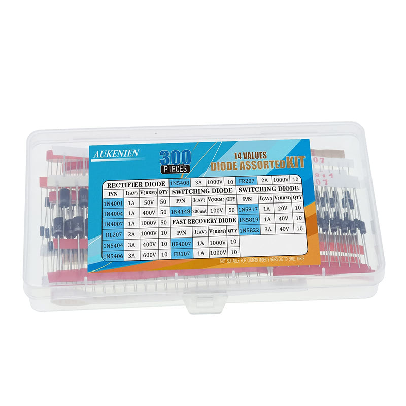 Aukenien 14 value 300 pieces of diodes KIT rectifier switch switch Schottky diode set 1N4001 1N4004 1N5406 1N5408 1N5819 1N5822 Fr107 fr207 RL207 UF4007 Diodes - 14