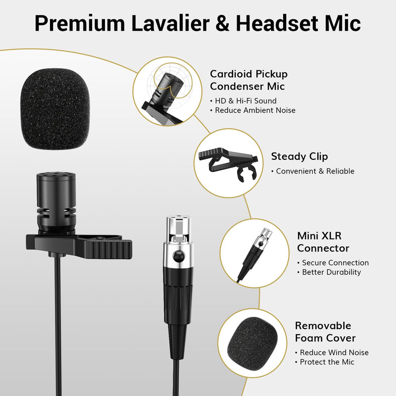 TONOR UHF Wireless Microphone System with Dual Headset Microphones/Lavalier Lapel Mics, Bodypack Transmitters, Mini Rechargeable Receiver, 2x15 Channels 200ft Range, for Recording Speech PA Speaker 2 Bodypack Mics