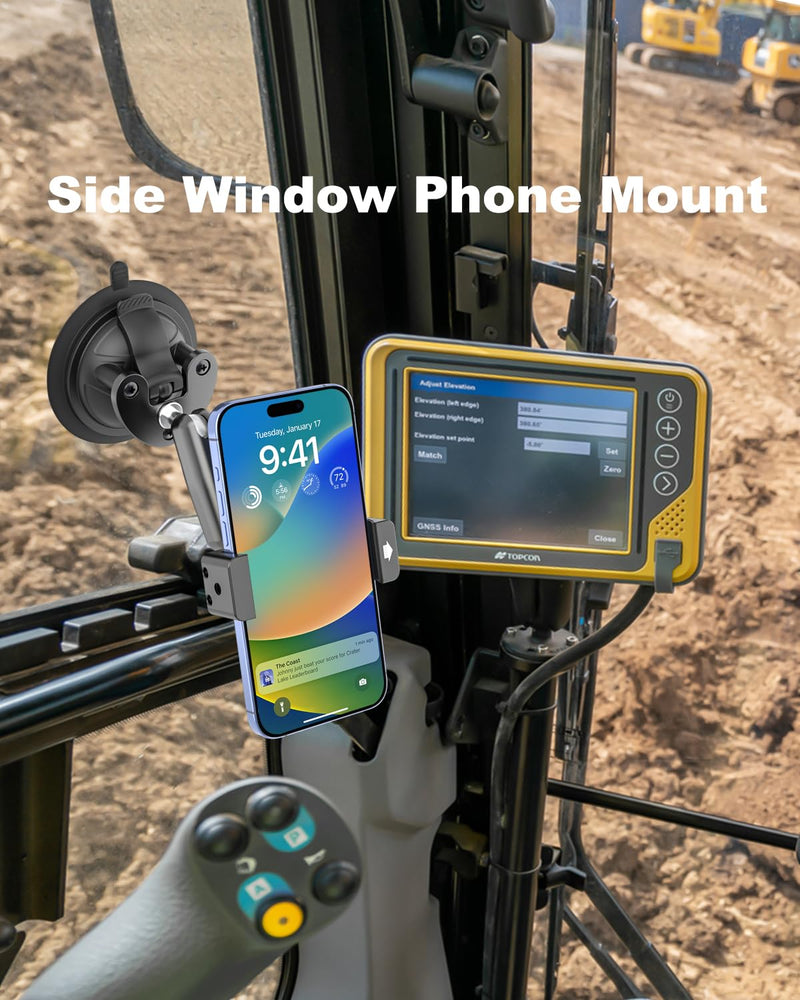 Tractor Phone Mount, [Metal Arm & Clip] Super Suction Cup Cell Phone Holder for Tractor Cab, Windshield Phone Stand for Heavy Duty Equipment, Excavator, Fits iPhone 16 15 14, Galaxy, 4-7" Phone