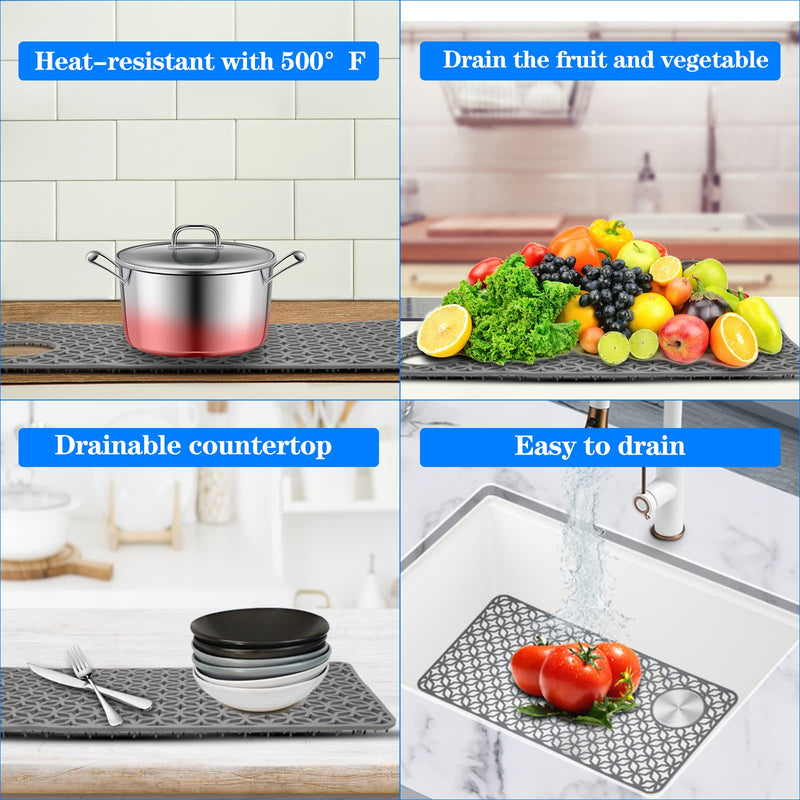 Sink Protectors for Kitchen Sink,28.2''x 14.2'' Sink Protectors for Kitchen,Sink Drainage Mat- Non-slip Sink Mat for Bottom of Kitchen Farmhouse Porcelain Sink Kitchen Sink Grid Accessory. Grey 28.2"x14.2" Upper Right Hole