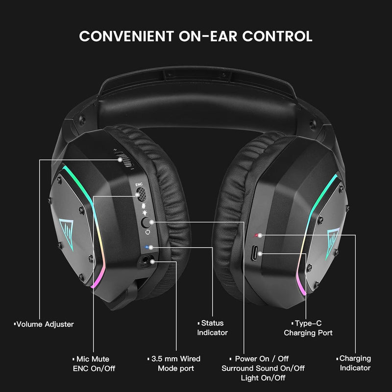 PG4 RGB Wireless Gaming Headset for PS4, PS5, PC - 2.4GHz 7.1 Surround Sound, Bluetooth Gaming Headphone with AI Detachable Noise Canceling Mic, 48-Hr Battery for Laptop, Switch, Mac (Black) Black