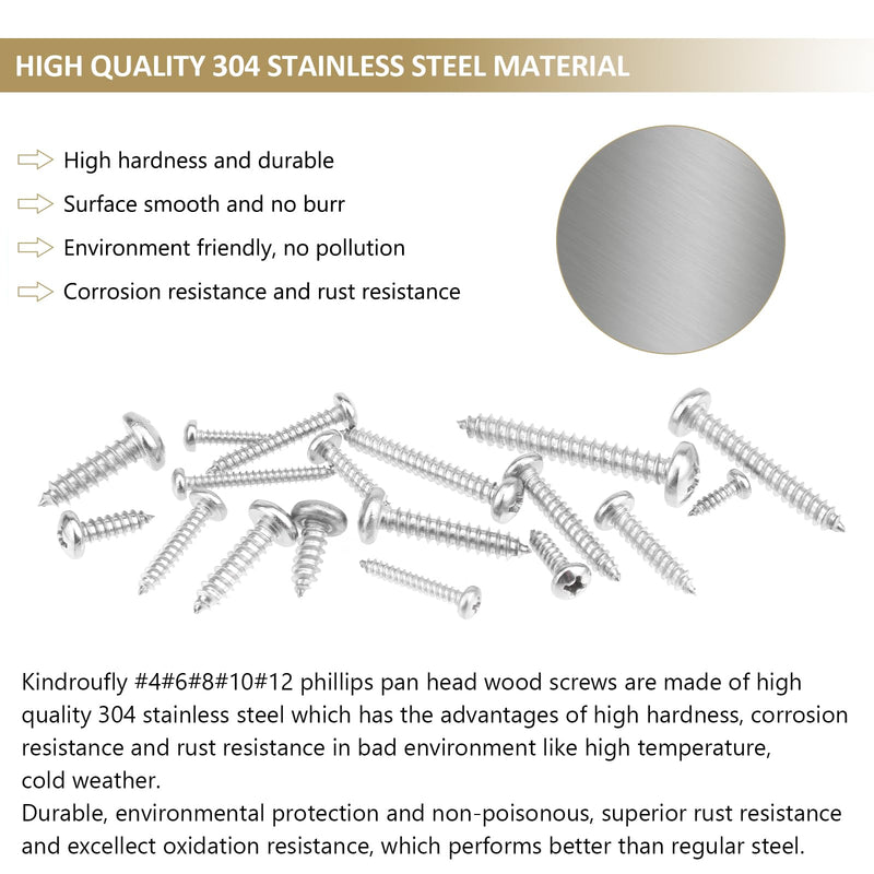 542 Pieces #4#6#8#10#12 Phillips Pan Head Self-Tapping Screws, Wood Screws Assortment Kit, 304 Stainless Steel