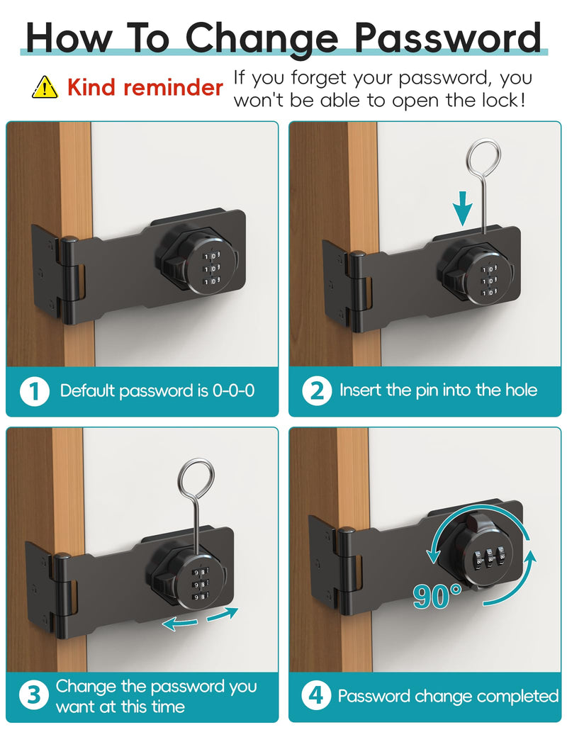 Cabinet Password Hasp Lock, Keyless Combination Lock for Small Doors, Bathroom, Outdoor, Garage, Black, 2 Pack