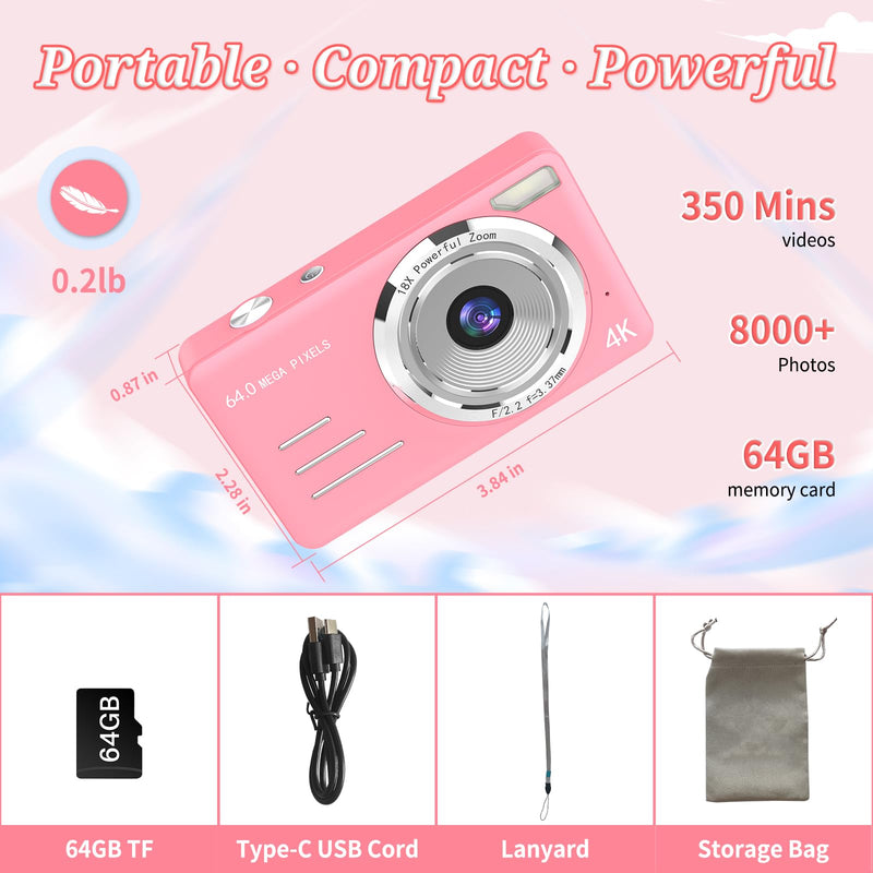 Digital Camera, FHD 4K 64MP Point and Shoot Kids Digital Camera with 64GB Card,18X Zoom, Anti Shake, Compact Small Cameras for Kids Gifts for Teens Girls Boys Pink-Enhanced version