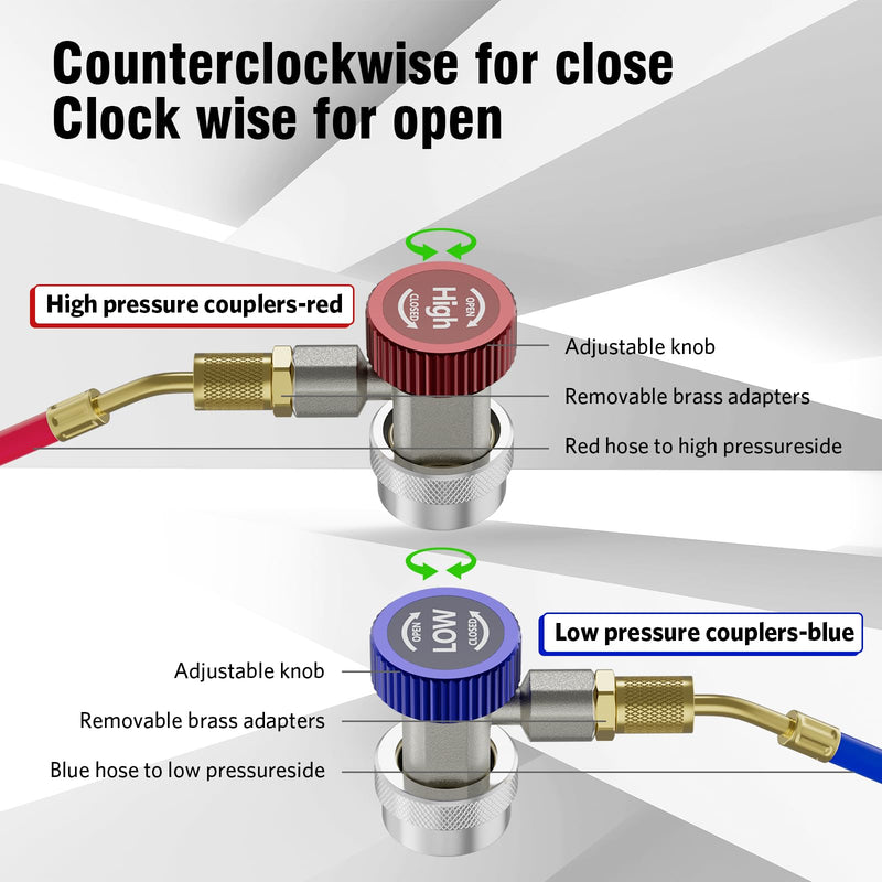 R134a Quick Coupler Adapter, Adjustable R134a Adapters, Quick Connectors for Car AC Systems, HP and LP Fittings for Evacuation and Recharging, 1/4" Flares, Set of 2
