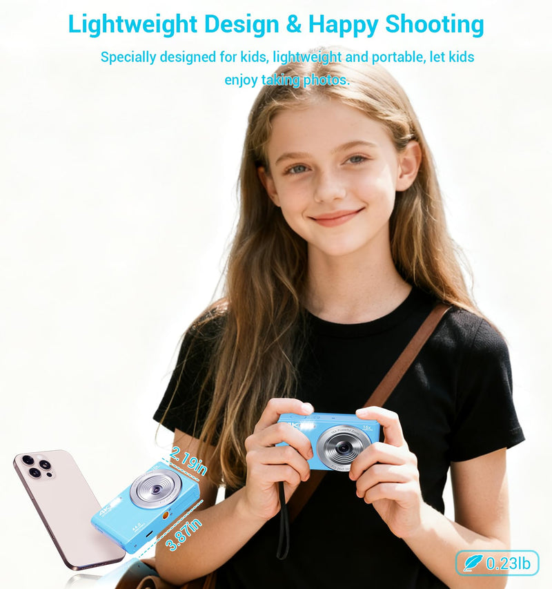 Digital Camera, FHD 4K 44MP Compact Cameras with 64GB SD Card 2 Batteries, 16X Autofocus Digital Zoom Point and Shoot Camera for Teens Kids Boys Girls