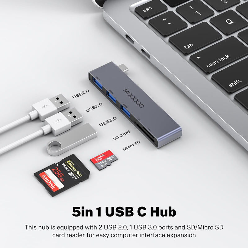 MOGOOD 5 in 1 USB C to SD/TF Card Reader Multiport Adapter, 1USB 3.0, 2USB 2.0, SD/TF Card Reader Adapter, Compatible with MacBook Pro, XPS, Chromebook, Laptop, Surface Pro, HP, Lenovo Yoga