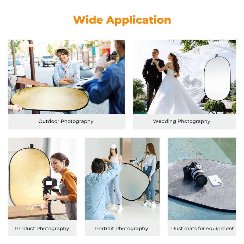 K&F CONCEPT 24" x36”(60x90cm) 5-in-1 Oval Foldable Reflector with Carrying Bag, Gold, Silver, Black, White Reflective Fabric and Translucent Soft Fabric for Studio Lighting 60x90cm
