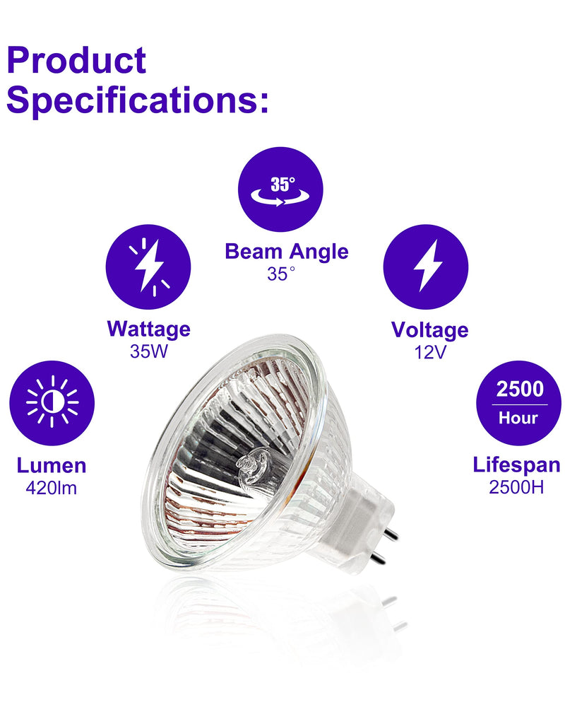 Jaenmsa MR16 halogen bulb, halogen 12V 35W, GU5.3 halogen spotlight 2700K warm white, MR16 halogen lamps dimmable, halogen reflector light bulb bi-pin, ceiling light bulbs 420LM pack of 6 MR16-35W-6P