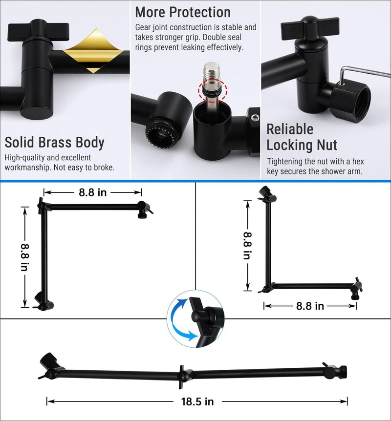 G-Promise 18 Inch Shower Head Extension Arm, Solid Brass Height & Angle Adjustable Extender, Rise or Lower Rainfall and Fixed Shower Head (Matte Black) Matte Black