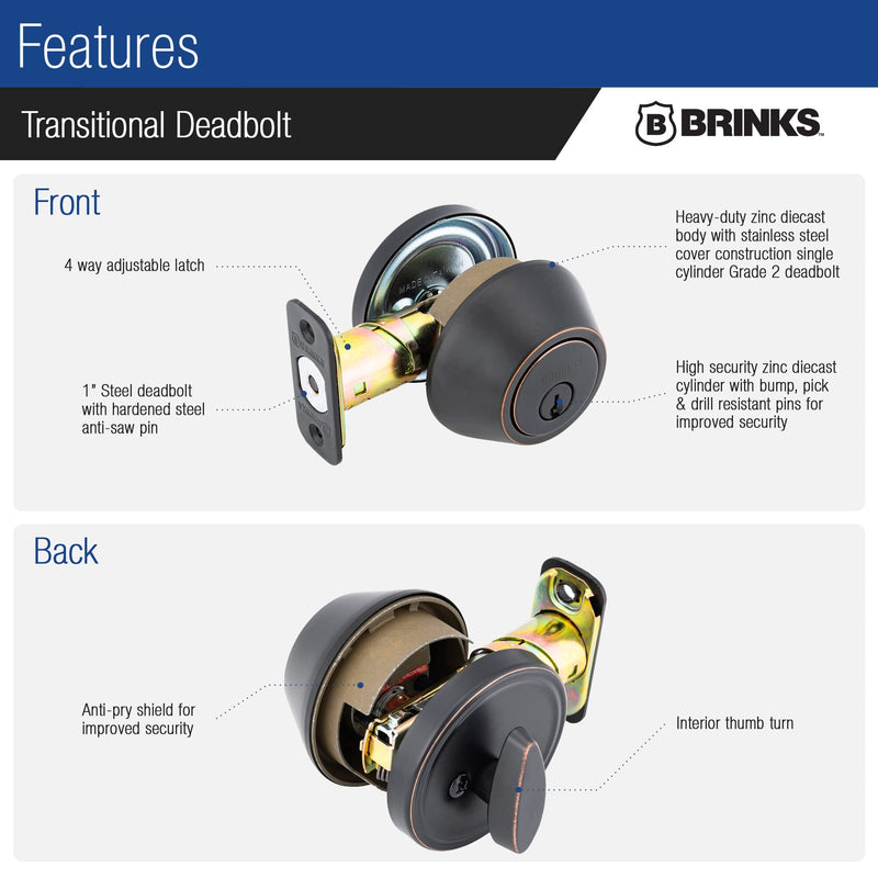 BRINKS Transitional Single Cylinder Deadbolt Lock, Door Lock Built for Residential Protection ANSI Grade 2 Security, Tuscan Bronze 1 Pack