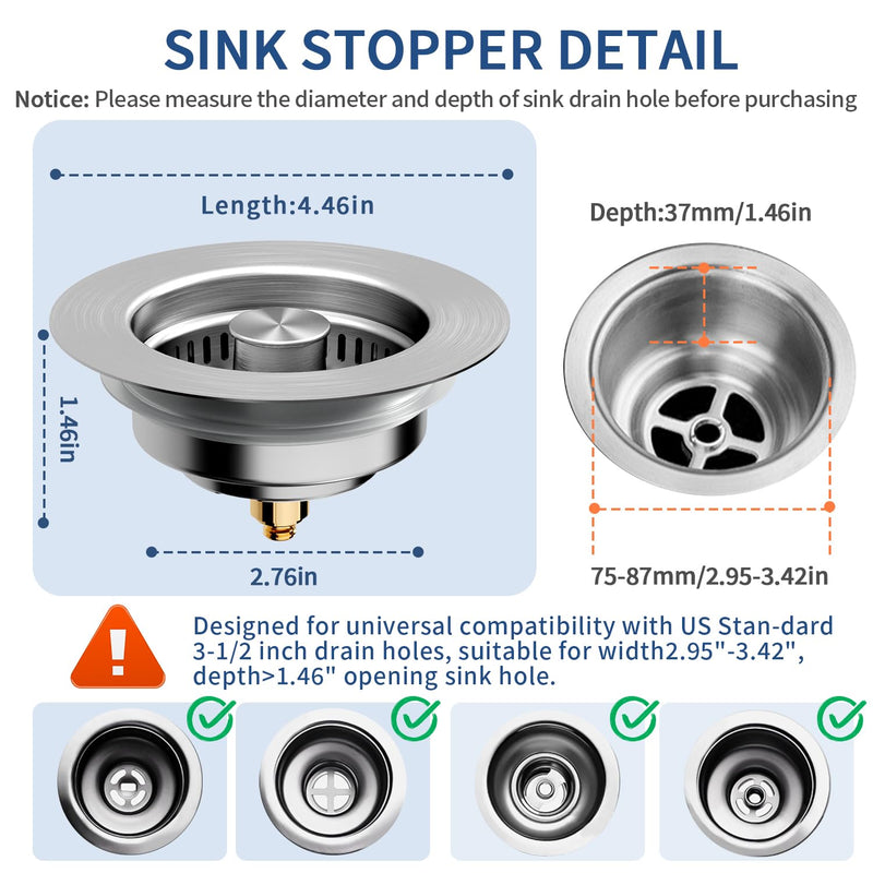 3-in-1 Kitchen Sink Drain Strainer & Sink Stopper 2 Pack - 304 Stainless Steel Sink Drain Strainer, Pop-Up Anti-Clog Design, Fits Standard 3-1/2'' Sink Drains Sus304 Brushed 2pack