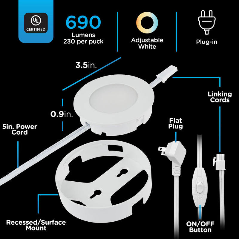 Enbrighten Recessed Surface LED Puck Lights, 3 Pucks, Under Cabinet Lighting, 690 Lumens, Five White Settings from (2700K-6500K), Linkable, Under Counter Lighting, Kitchen, Counter, Indoor, 81812-T1