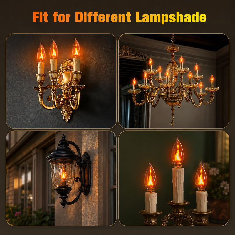 Hompavo Upgraded Flame Light Bulbs, E12 Candelabra Small Base, Clear Glass Flickering Fire Bulb for Halloween Christmas Party Porch Indoor & Outdoor Home Decoration, 10 Pack