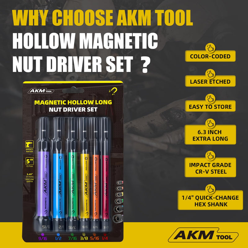 6 PCS Hollow Nut Driver Set, Magnetic nut driver set, Hollow Shaft Nut Driver Set, SAE, Color Coded, Hex Sizes, 1/4 to 9/16-Inch, Nut Setter, Hollow Nut Driver with 5-Inch Extended Reach 6 Pcs Hollow Magnetic Nut Driver