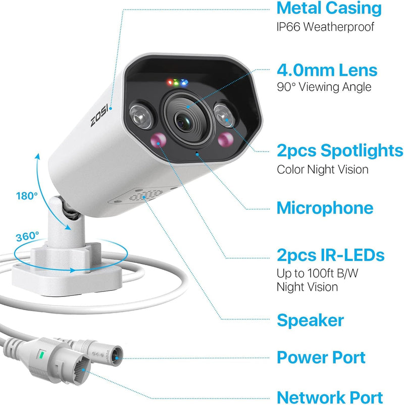 ZOSI 5MP PoE Add-on Camera, Face Person Vehicle Detection, 2 Way Audio, Starlight Night Vision, Sound&Light Siren, 3K Weatherproof Outdoor Indoor Home Bullet IP Cam, Only Compatible with ZOSI POE NVR POE-1Cam