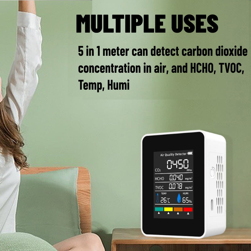 CO2 Detector ABS Air Quality Monitor Battery Powered 5 in 1 Carbon Dioxide HCHO TVOC Temperature Humi Meter