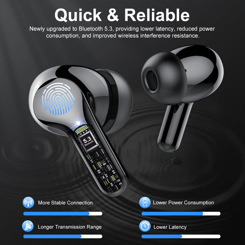 Wireless Earbuds, Bluetooth 5.3 Headphones HiFi Stereo, Bluetooth Earbuds with ENC Noise Cancelling Mic, IP7 Waterproof in Ear Earphones, 48H, LED Display Ear buds for Pad Phones Workout Sports, Black