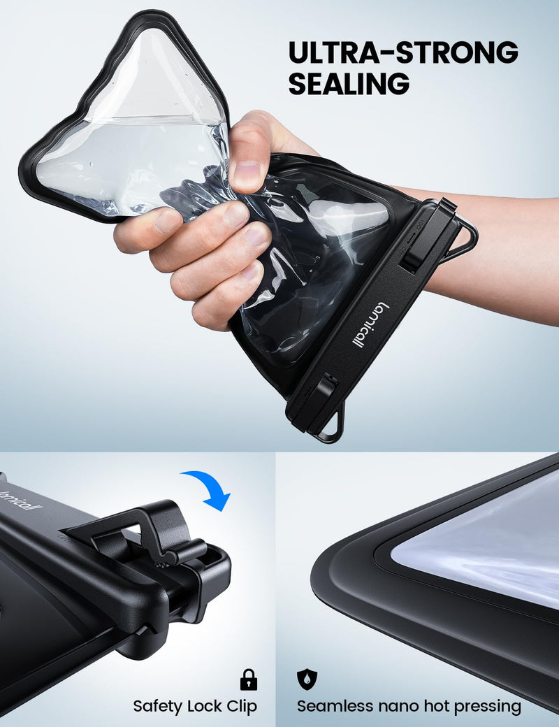 Lamcall Double Bag Waterproof Phone Pouch - IPX8 Waterproof Phone Case with Lanyard, Cell Phone Dry Bag Beach Essentials for iPhone 15/ Pro/Pro Max/Plus/14/13, Galaxy 24/23/22, 4-7.5" with Case Black